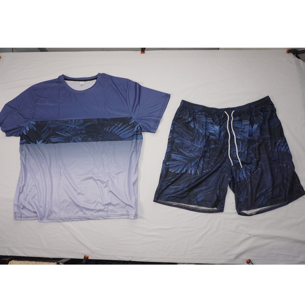 Unbranded 5XL 2 Piece Set Blue Ombre Tropical Print T-Shirt And Shorts